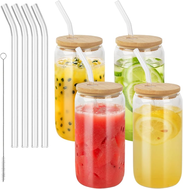BUCOMTU Set of 4 Glass with Lid and Straw, 500 ml 