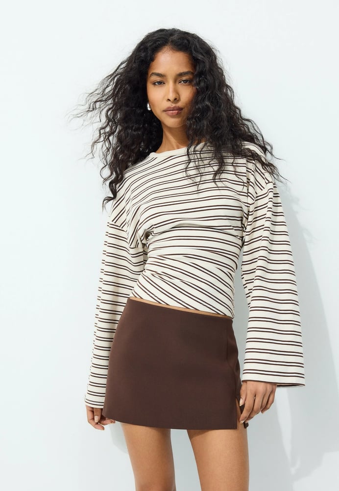 LONG SLEEVE STRIPED T-SHIRT WITH RUCHED WAIST - Langarmshirt - white