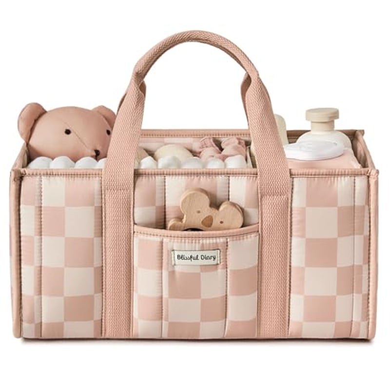 Blissful Diary Wickeltisch-Organizer, Wickelkorb für die Wickelstation, Stilvoller Wickelorganizer für Babybedarf, Unverzichtbares Geschenk zur Geburt und für die Baby-Wunschliste,Rosa kariert