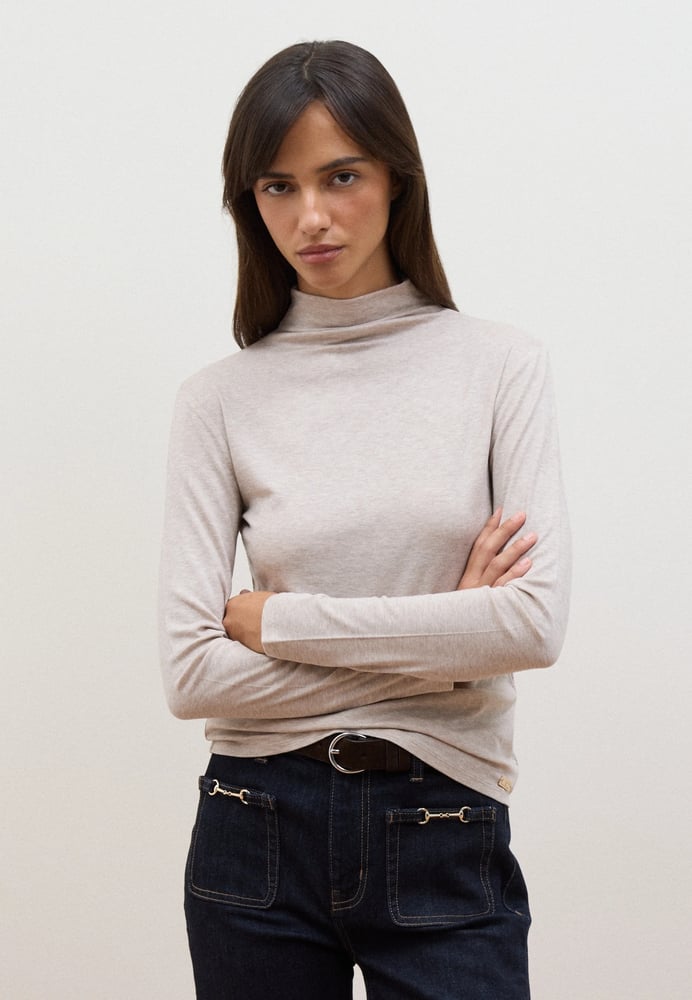 Les Copains MOCK-NECK T-SHIRT, REGULAR FIT - Langarmshirt - beige marl