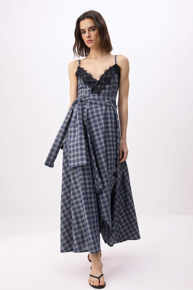 Damen-Midikleid in Marineblau mit Karomuster / kariert, ärmellos