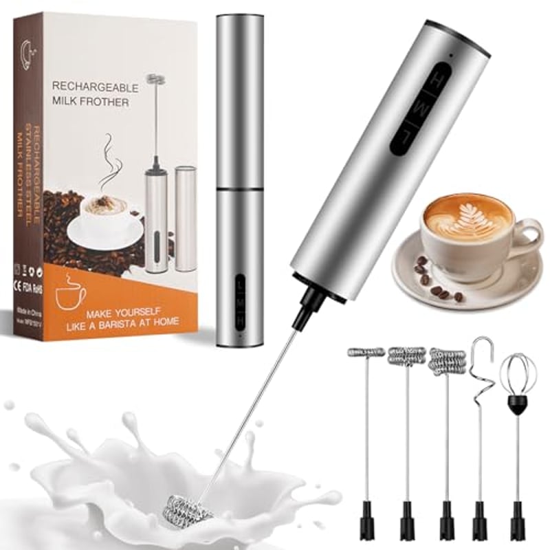 Milchaufschäumer Elektrisch USB-C Aufladbar aus Edelstahl mit 3 Geschwindigkeiten und 5 Aufsätzen, Tragbarer Hand-Milchschäumer für Kaffee Latte Cappuccino Matcha Sahne Eier （Silber）