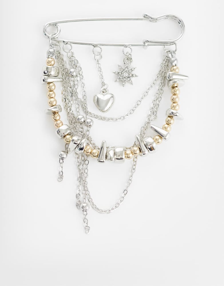 DesignB London Brosche mit mehreren Anhängern aus Metallmix in Silber und Gold