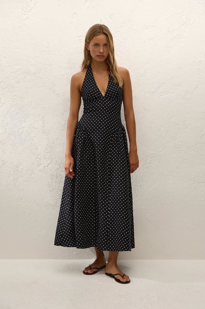 Faithfull the Brand La Cala Midi Dress Lola Polka Dot Black Cream