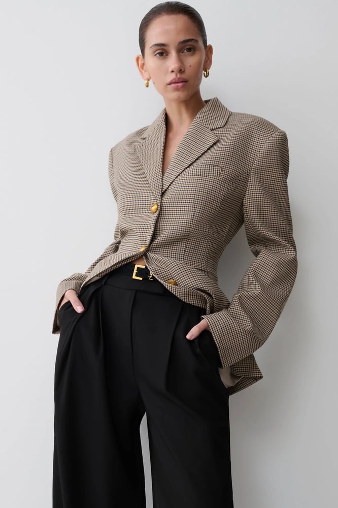 MESHKI Mila Shaped Blazer - Tan Check