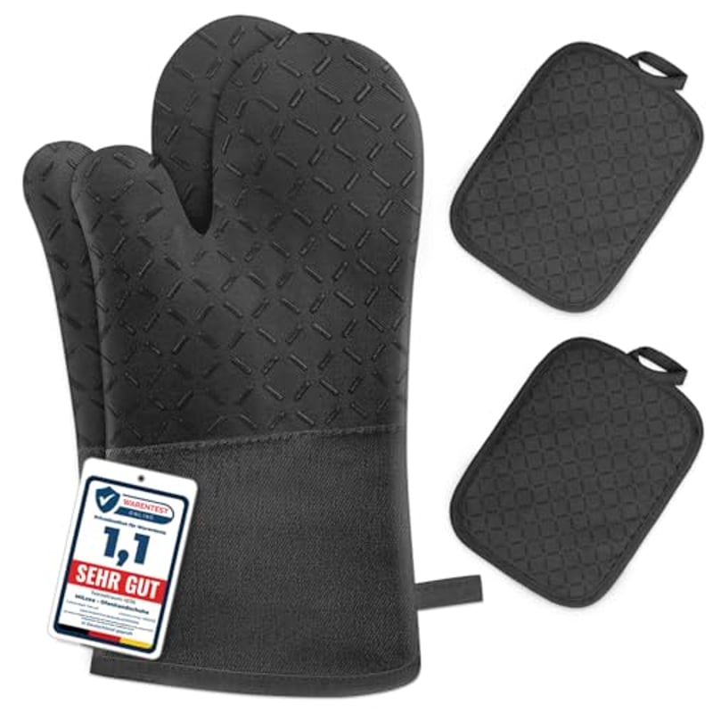 Ofenhandschuhe Hitzebestaendig bis 300°C Topflappen Handschuh Set, Schwarz