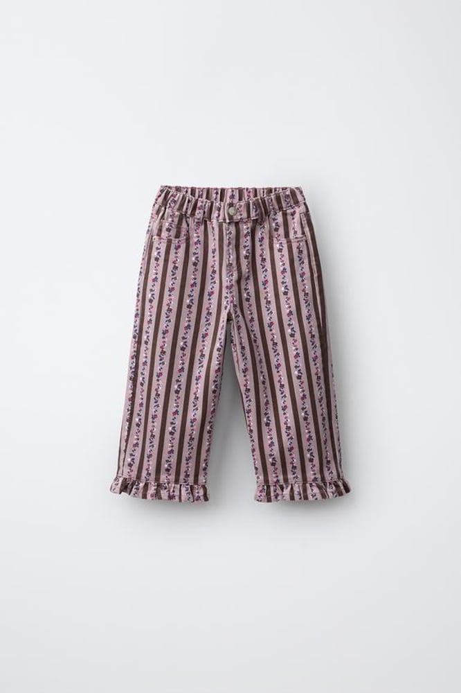 ZARA STRIPED AND FLORAL PRINT TWILL STRAIGHT TROUSERS