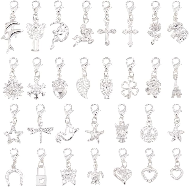 nbeads 30pcs Alloy Pendant Decoration, Tibetan Styles Dangle Metal Charms Alloy Pendant with Lobster Clasp for Stitch Marker Earrings Necklace Jewellery Crafts Silver