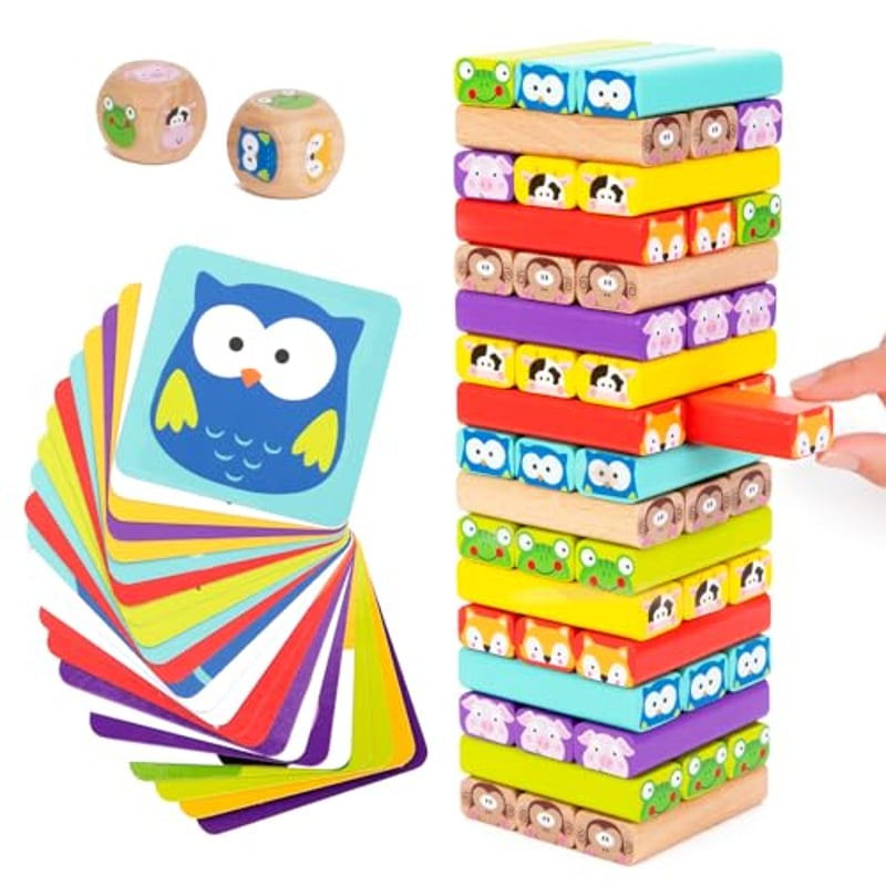 Nene Toys Pädagogisches Kinderspiel ab 3 Jahre - Wackelturm 4 in 1 aus Holz mit Farben und Tieren - Spielzeug für Mädchen und Jungs von 3 bis 9 Jahren - Stapelturm Holz Brettspiel