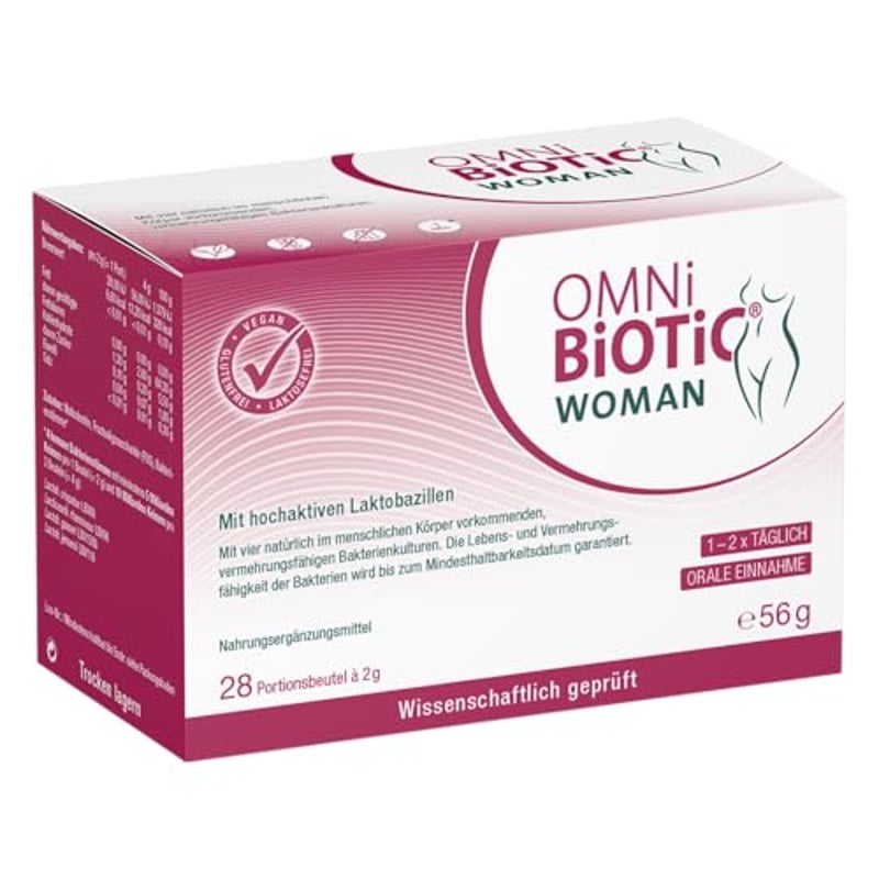 OMNi BiOTiC WOMAN | Für Frauen entwickelt | 4 Bakterienstämme | 10 Mrd. Keime pro Tagesdosis | Pulver | Vegan - Glutenfrei - Laktosefrei | Zur täglichen Anwendung | 28 Portionen