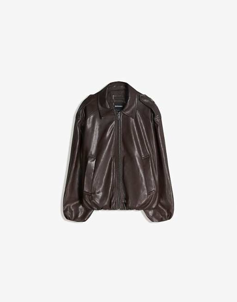Bershka – Jacke aus Kunstleder in Braun mit Ballon-Optik