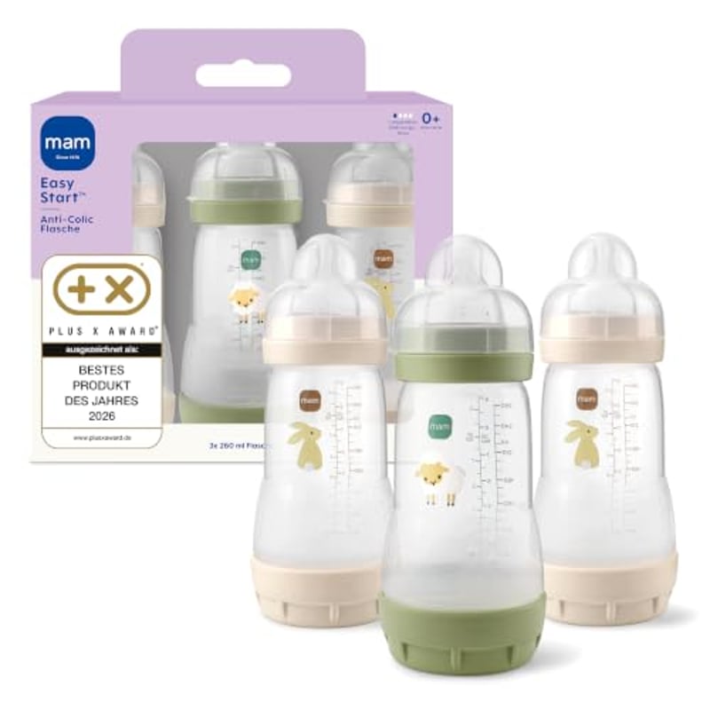 MAM Easy Start Anti-Colic Babyflasche 3x 260 ml, 0+ Monate, Gr. 1, Hase