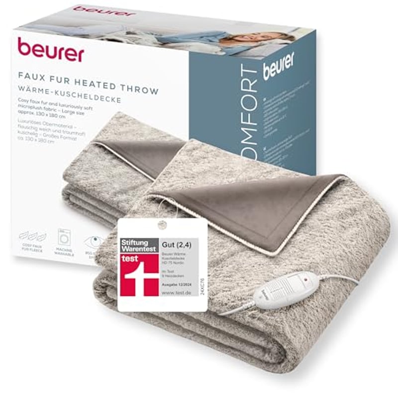 Beurer HD 75 Nordic Heizdecke, kuschelige Wärmedecke in Kunstfelloptik, mit 6 Temperaturstufen, maschinenwaschbar bei 30 °C, Heizdecke mit Abschaltautomatik, beige / braun, 180 x 130 cm