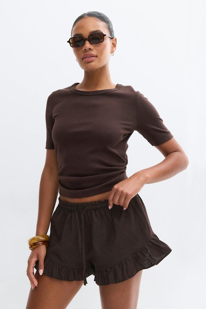Gina Tricot Linen blend frill shorts - Braun