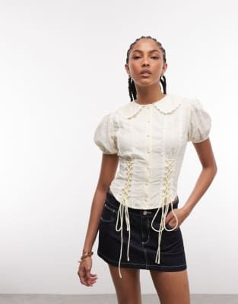 Daisy Street, Boho-Bluse in Buttermilchgelb mit Knopfleiste und seitlicher Schnürung