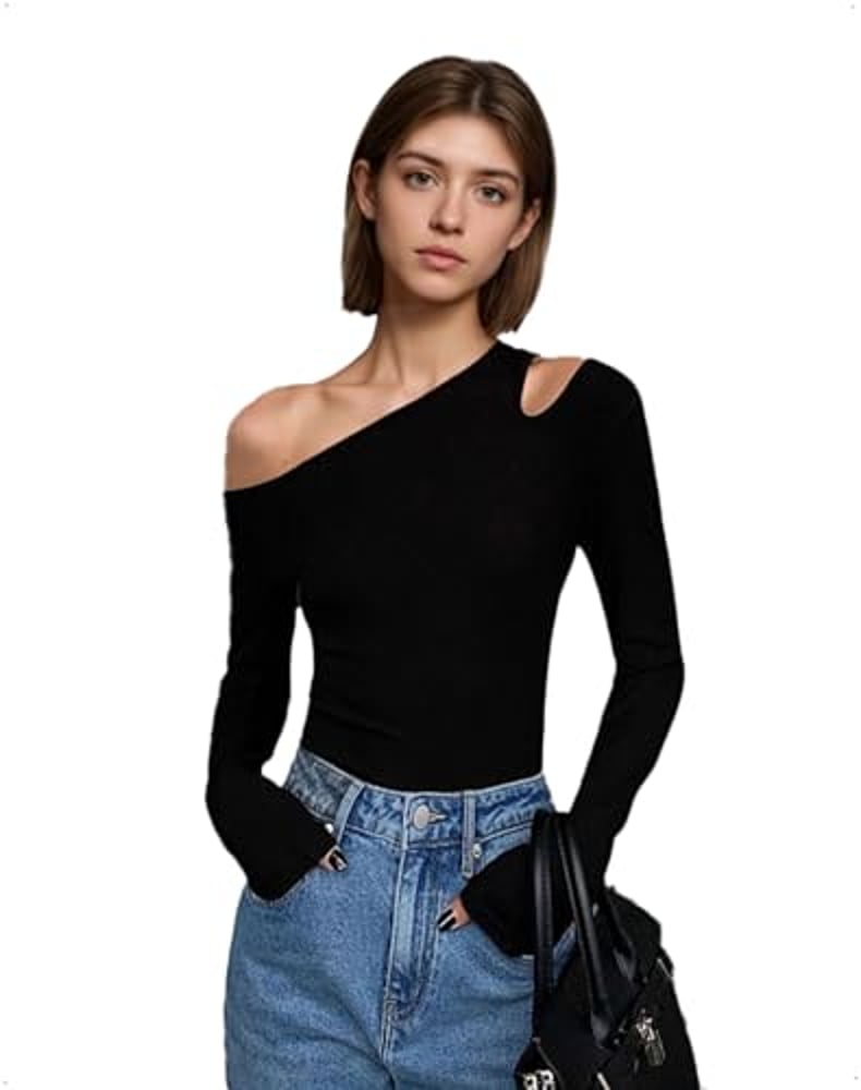 EMOTTOS Damen Y2K Tops, Sexy Asymmetrische Off Shoulder Cut Out Shirts Schrägem Ausschnitt Langärmeliges Slim Fit Oberteil One Shoulder Shirt Enges Elastisches Party Festival Top, Schwarz, L