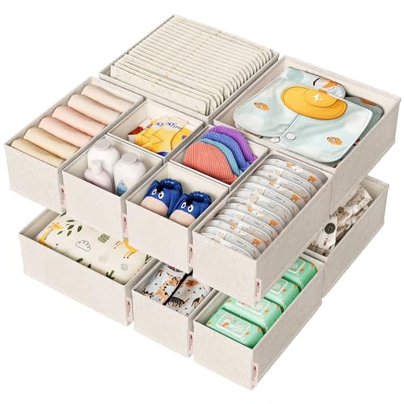 ZenStorage Baumwoll-Leinen-Schubladen-Organizer für Babykleidung, 12er-Pack Mehrgrößen-Kommoden-Trennwände für Kleidung