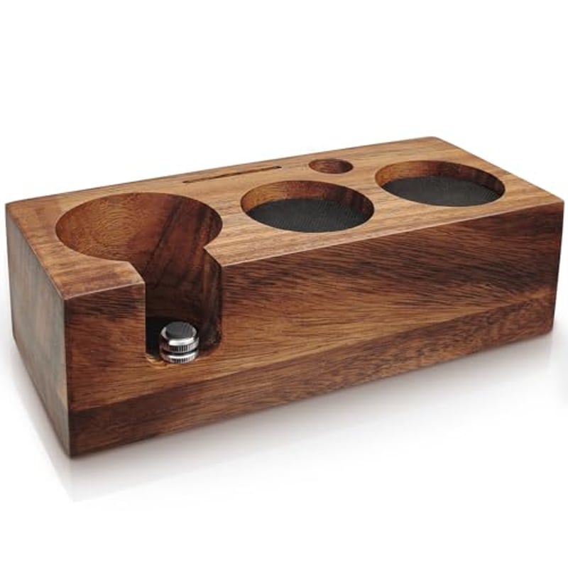 HOLIHOKY Tamperstation 58mm, Tamperstation Holz für Siebträger 58mm, Walnuss Barista Tamping Station für Espreso Zubehör mit Silikonkissen, Einstellbare Höhe