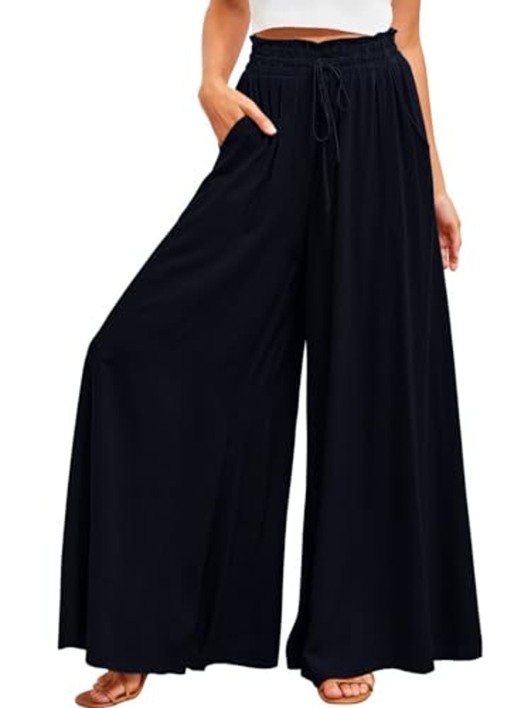 ALSOGO Weite Hosen Damen-Lässig Locker Hohe Taille Palazzo Elegante Einfarbig Hose mit Tasche Kordelzug Schwarz XXL