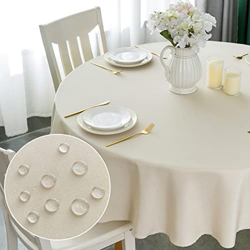 Yeahshion Runde Tischdecke Fleckabweisend Beige Φ180cm, wasserdichte Tischdecke Polyester-Leinen-Optik für Tisch, Esszimmer, Restaurant Schutz (Beige, Φ180cm)