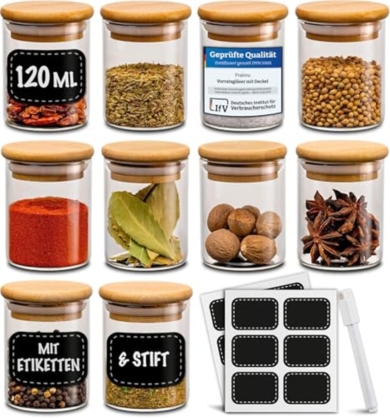 Praknu 10er Set Gewürzgläser 120ml, Gewürzdosen, Gewürzbehälter Glas Leer