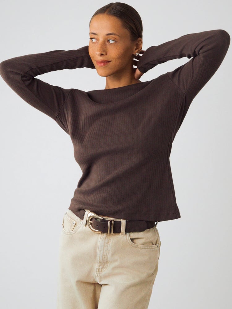 Honest Basics Geripptes Langarm Shirt - Choco