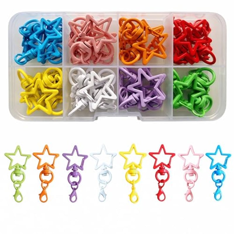 Fubuuf 32 Stück Bunte Stern Schlüsselring mit Karabinerhaken, Drehbarer Schwenker Schlüsselanhänger mit Transparentes Aufbewahrungsbox für DIY Zubehör, Rucksack, Schlüssel, Hängende Spielzeuge