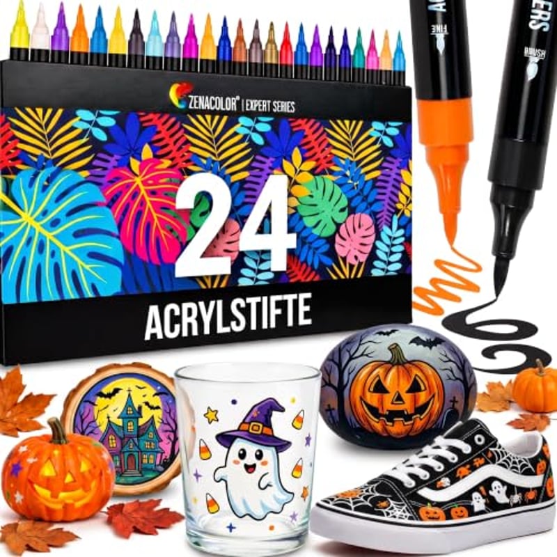 Zenacolor 24 Acrylstifte für Steine wasserfest mit Doppelspitze (feine Spitze und Pinsel) - Acrylstifte verschiedene Oberflächen - Multimarker Acryl
