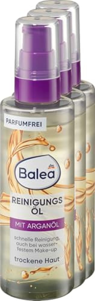 Balea Reinigungsöl, 300 ml 3x 100 ml - Reinigt sanft Gesicht, Augen und Lippen - Parfümfrei und mit Arganöl