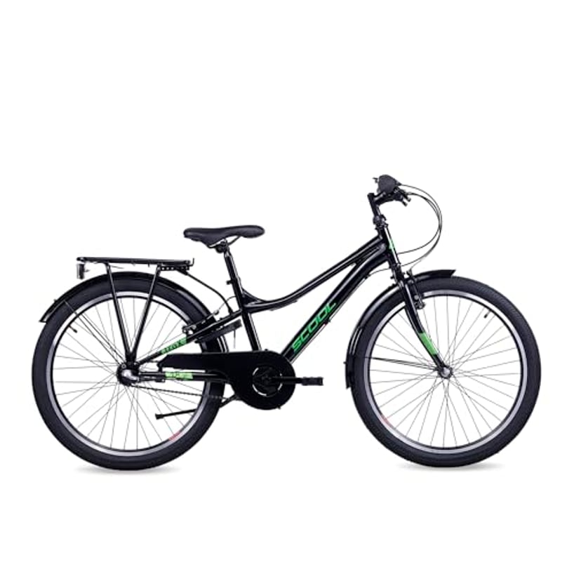 S’COOL troX Kinderfahrrad 24 Zoll, 3-Gang Nabenschaltung mit Rücktrittbremse, Black Green, wartungsarmes Schul- & Alltagsrad, für Kinder ab 8 Jahren, Körpergröße 134-139 cm, Jungen & Mädchen