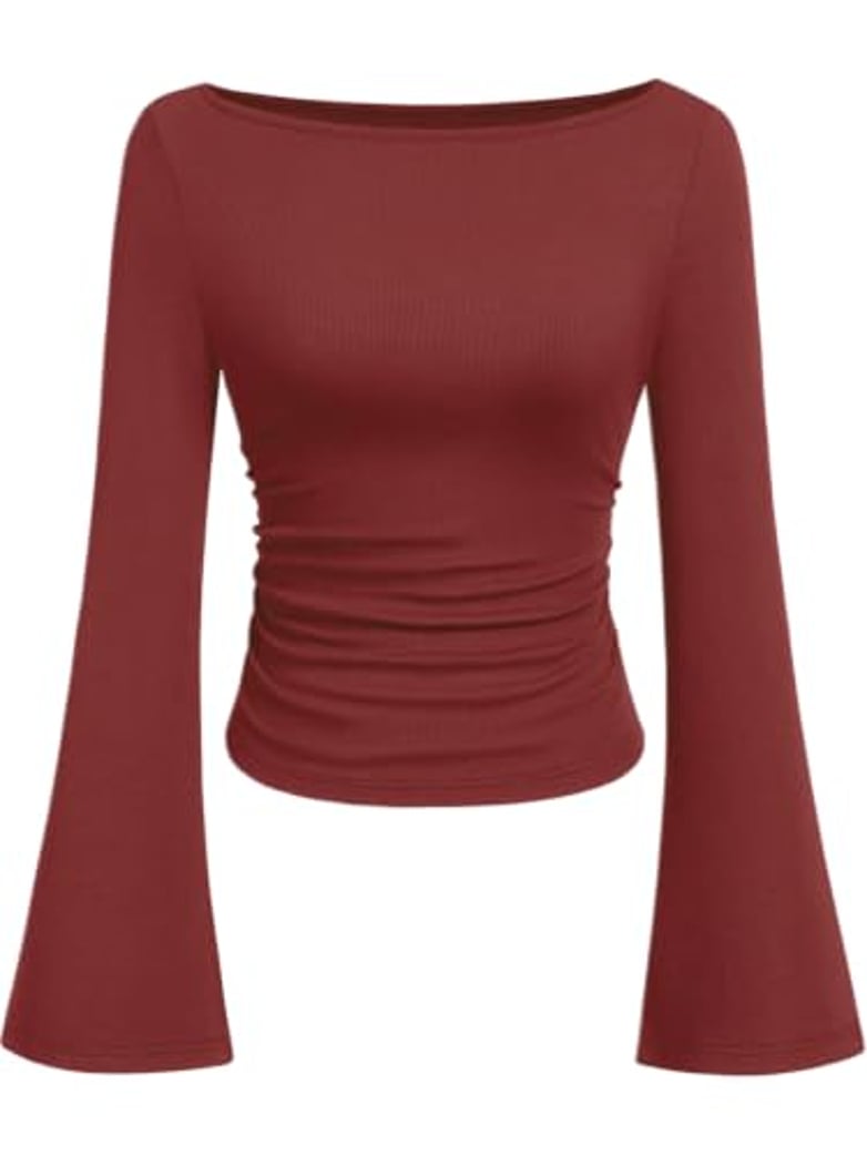 Cuptacc Damen Top Slim Fit Top Glockenärmel Weich Herbst Bordeauxrot XXL | U-Boot-Ausschnitt Longsleeve,Trompetenärmel Shirt Langarm,Rippstrick Oberteil,Figurbetont Tops,Seitlich Gerafft,Y2K-Stil