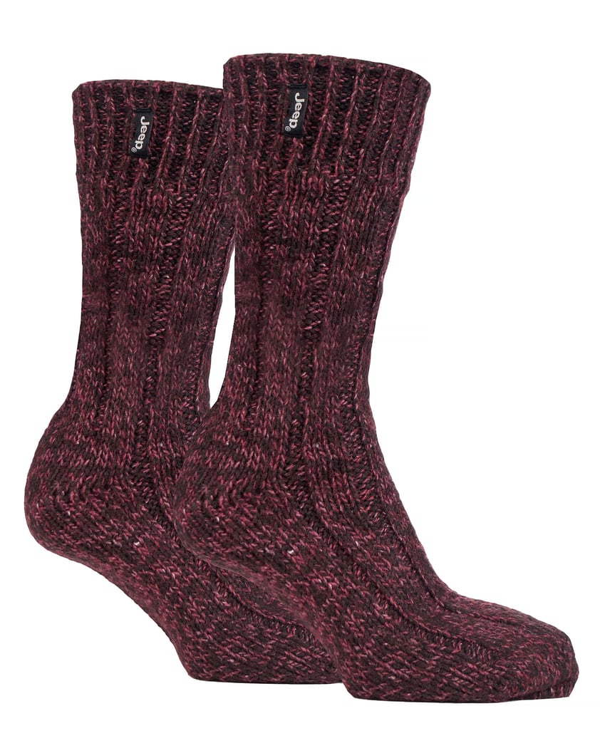 Herren Wolle Wandern Socken | Jeep | Knit Ribbed Design gepolstert Boot Socken für Trekking, Laufen, Wandern - Brown / Berry
