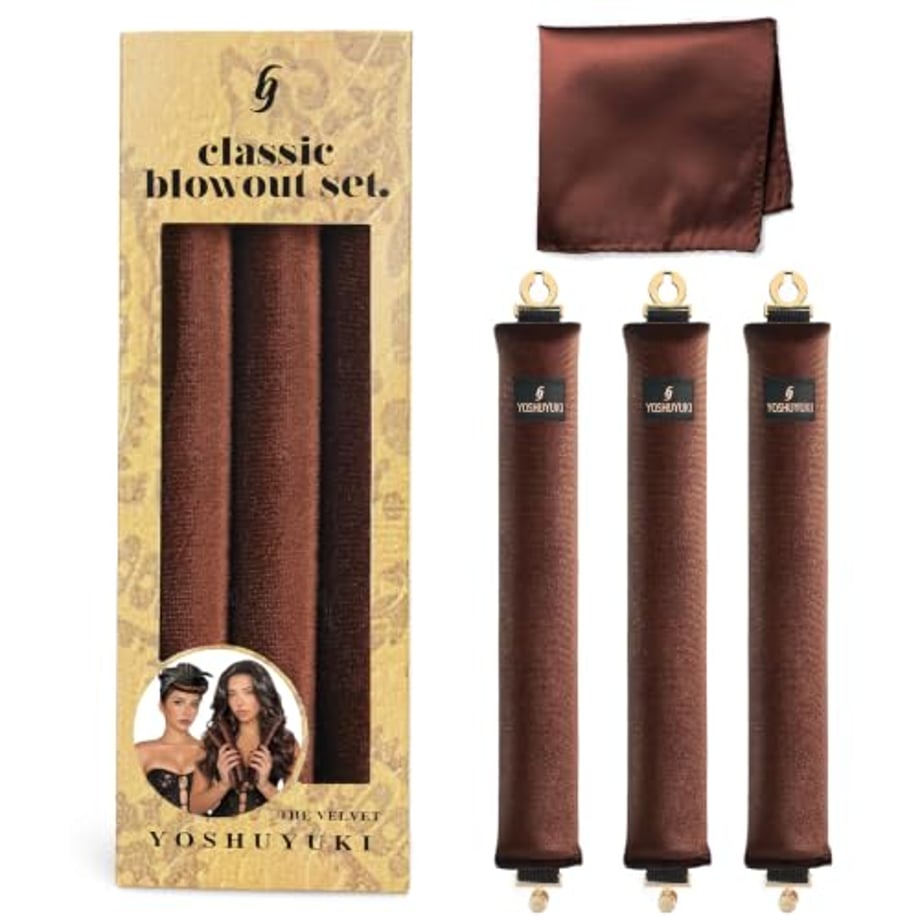 YOSHUYUKI Heatless Overnight Hair Curling Set - Large Silk Brown Rods for Blowout Curls, No Heat Styling Tools with Headband Wrap for Short Hair
