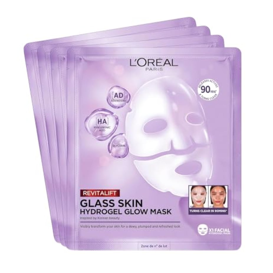 L'Oréal Paris Glass Skin Hydrogel 4er Maskenbox, für aufgepolsterte & glowy Haut, feuchtigkeitsspendend & glättend, [mit Hyaluronsäure], Revitalift Filler, Vorteilsset, 100g