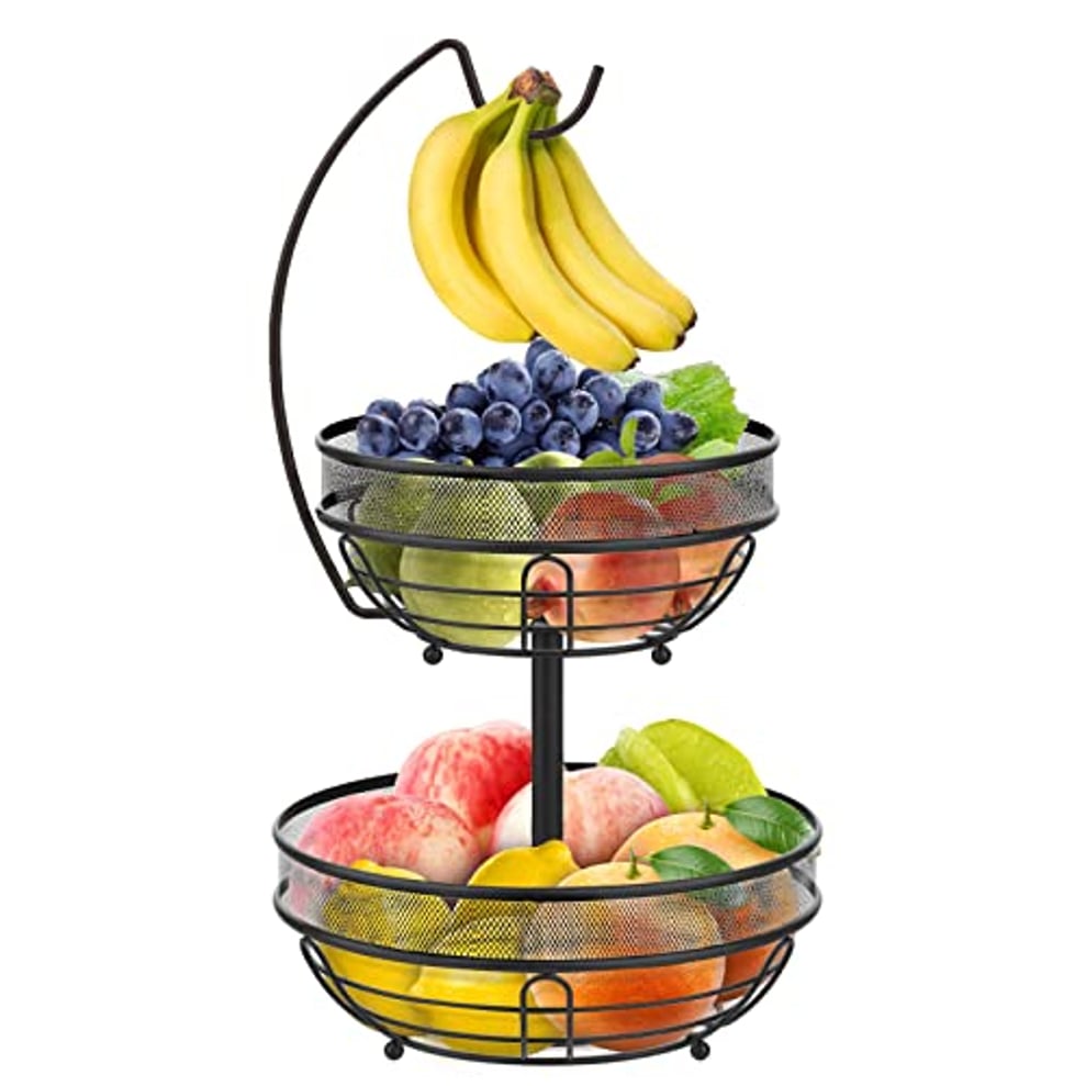 Bomclap Obstkorb 2 Etagen - Obstschale mit Bananenhalter für Küche - Abnehmbar 2 Stöckig Obst Etagere aus Metall - Dekorativer Obstkörbe Gemüse Korb für die Küchentheke - Schwarz2
